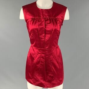 PRADA Size 10 Red Silk Pleated Sleeveless Dress Top